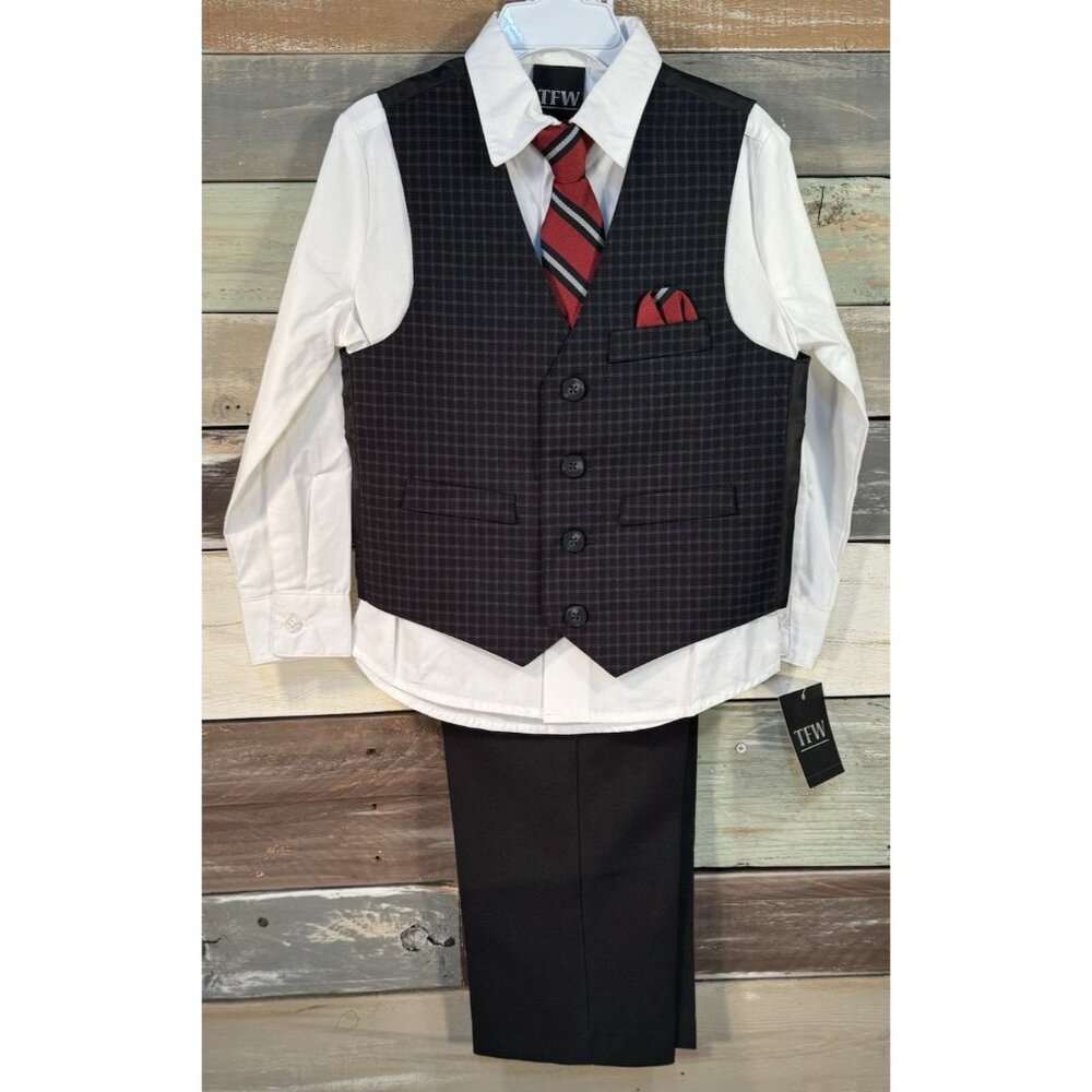 TFW Boys Long Sleeve 4 Pc White & Black Dress Pant Red Suit Reg 4 NEW